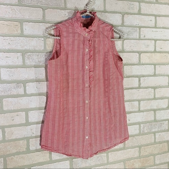 J. McLaughlin Red Plaid Ruffle Front Sleeveless Button Down Shirt Size XS - Picture 2 of 7